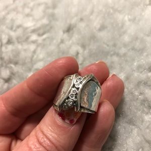 Retired chunky Silpada silver ring with rhinestone detail.